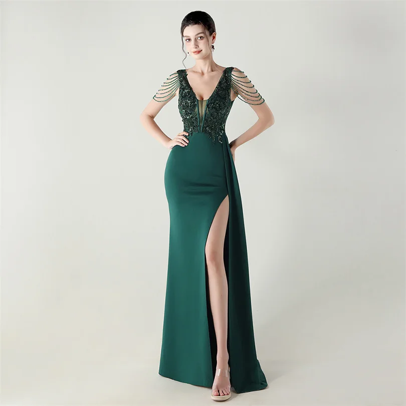 DEERVEADO, vestido de noche elegante de sirena con escote en V profundo y cuentas, 7 colores, vestido Formal para ocasiones especiales, vestidos de fiesta