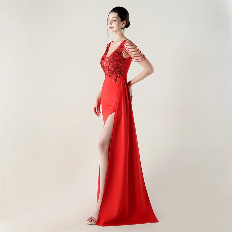DEERVEADO, vestido de noche elegante de sirena con escote en V profundo y cuentas, 7 colores, vestido Formal para ocasiones especiales, vestidos de fiesta