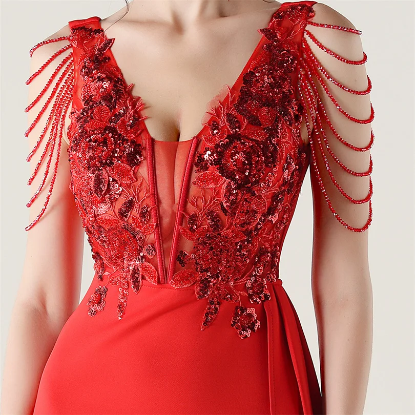 DEERVEADO, vestido de noche elegante de sirena con escote en V profundo y cuentas, 7 colores, vestido Formal para ocasiones especiales, vestidos de fiesta