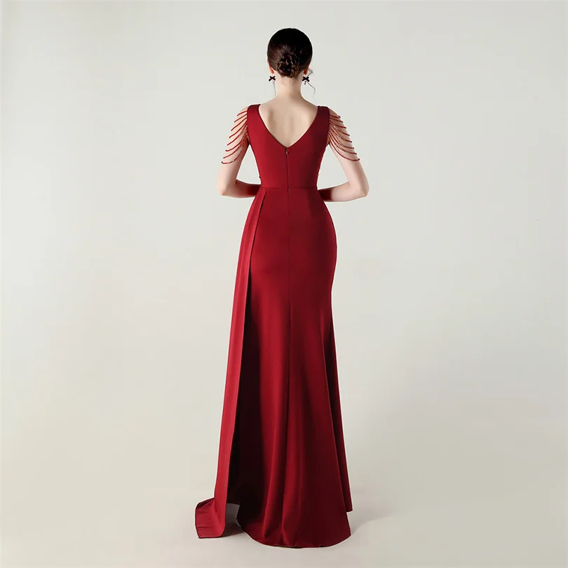 DEERVEADO, vestido de noche elegante de sirena con escote en V profundo y cuentas, 7 colores, vestido Formal para ocasiones especiales, vestidos de fiesta
