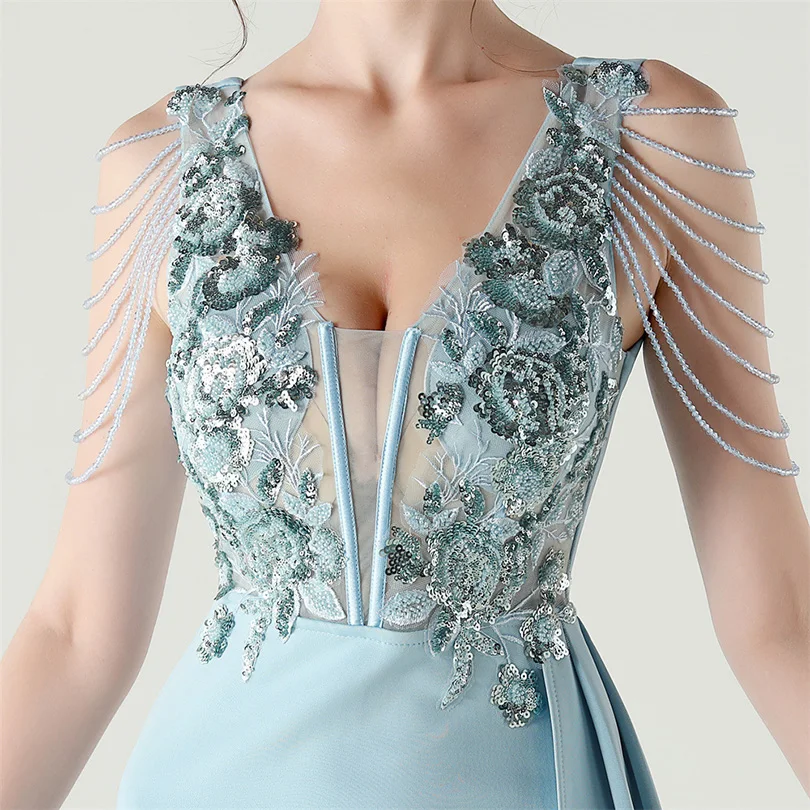 DEERVEADO, vestido de noche elegante de sirena con escote en V profundo y cuentas, 7 colores, vestido Formal para ocasiones especiales, vestidos de fiesta