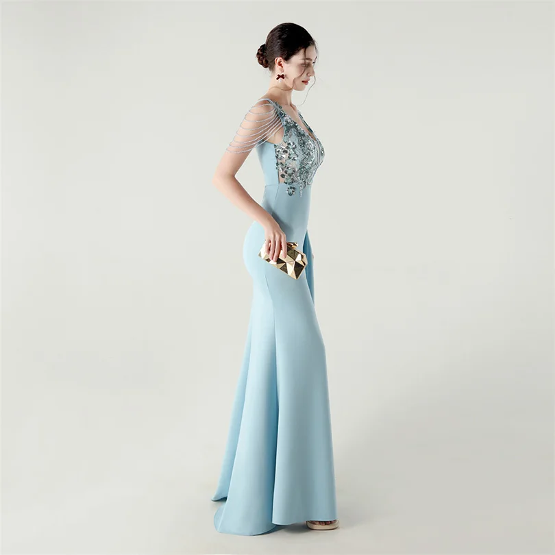 DEERVEADO, vestido de noche elegante de sirena con escote en V profundo y cuentas, 7 colores, vestido Formal para ocasiones especiales, vestidos de fiesta
