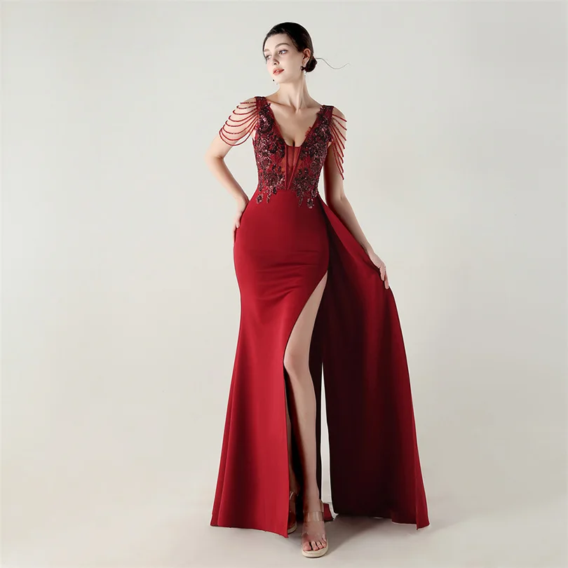 DEERVEADO, vestido de noche elegante de sirena con escote en V profundo y cuentas, 7 colores, vestido Formal para ocasiones especiales, vestidos de fiesta