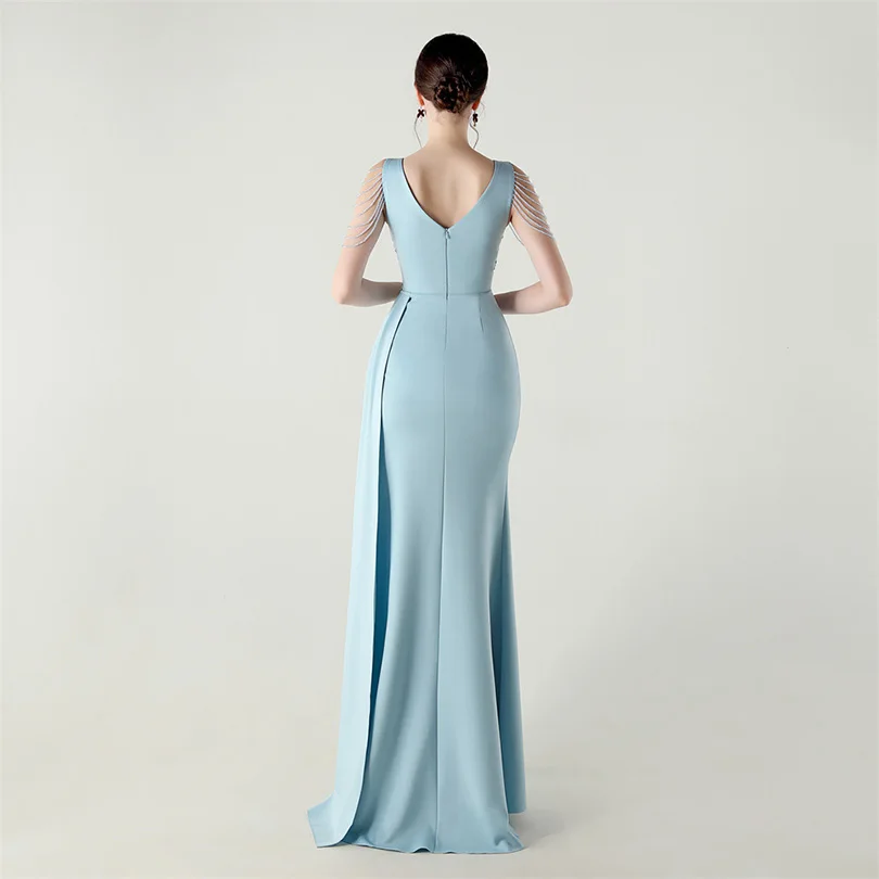 DEERVEADO, vestido de noche elegante de sirena con escote en V profundo y cuentas, 7 colores, vestido Formal para ocasiones especiales, vestidos de fiesta