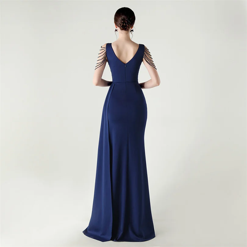 DEERVEADO, vestido de noche elegante de sirena con escote en V profundo y cuentas, 7 colores, vestido Formal para ocasiones especiales, vestidos de fiesta