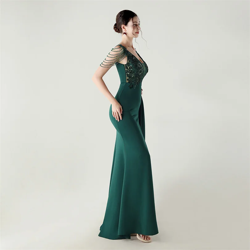DEERVEADO, vestido de noche elegante de sirena con escote en V profundo y cuentas, 7 colores, vestido Formal para ocasiones especiales, vestidos de fiesta