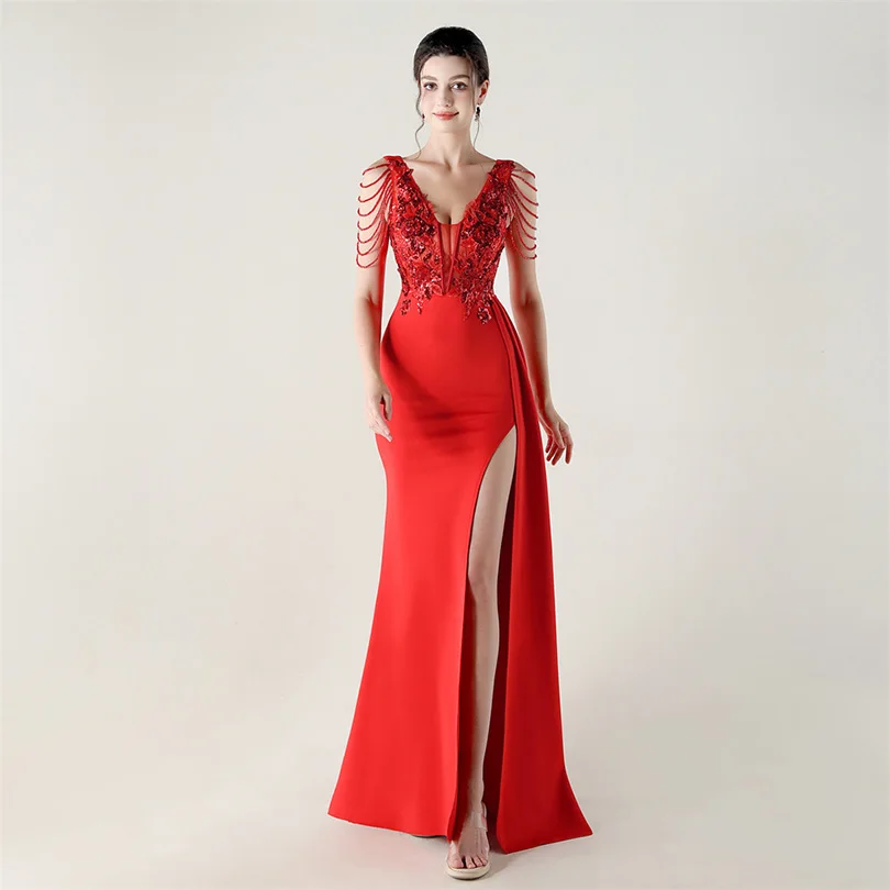 DEERVEADO, vestido de noche elegante de sirena con escote en V profundo y cuentas, 7 colores, vestido Formal para ocasiones especiales, vestidos de fiesta