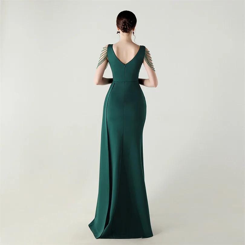 DEERVEADO, vestido de noche elegante de sirena con escote en V profundo y cuentas, 7 colores, vestido Formal para ocasiones especiales, vestidos de fiesta
