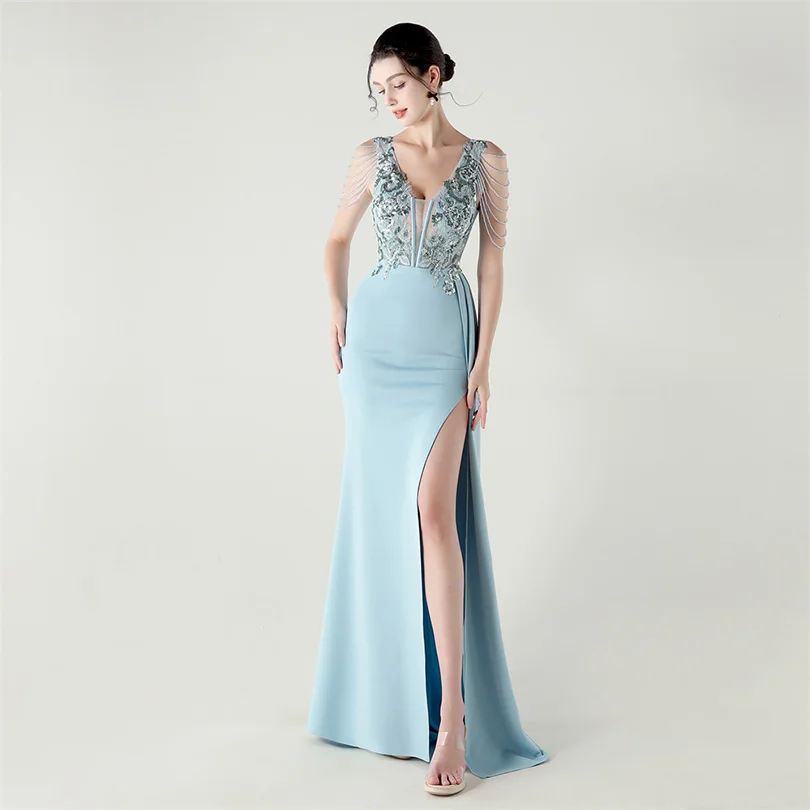 DEERVEADO, vestido de noche elegante de sirena con escote en V profundo y cuentas, 7 colores, vestido Formal para ocasiones especiales, vestidos de fiesta