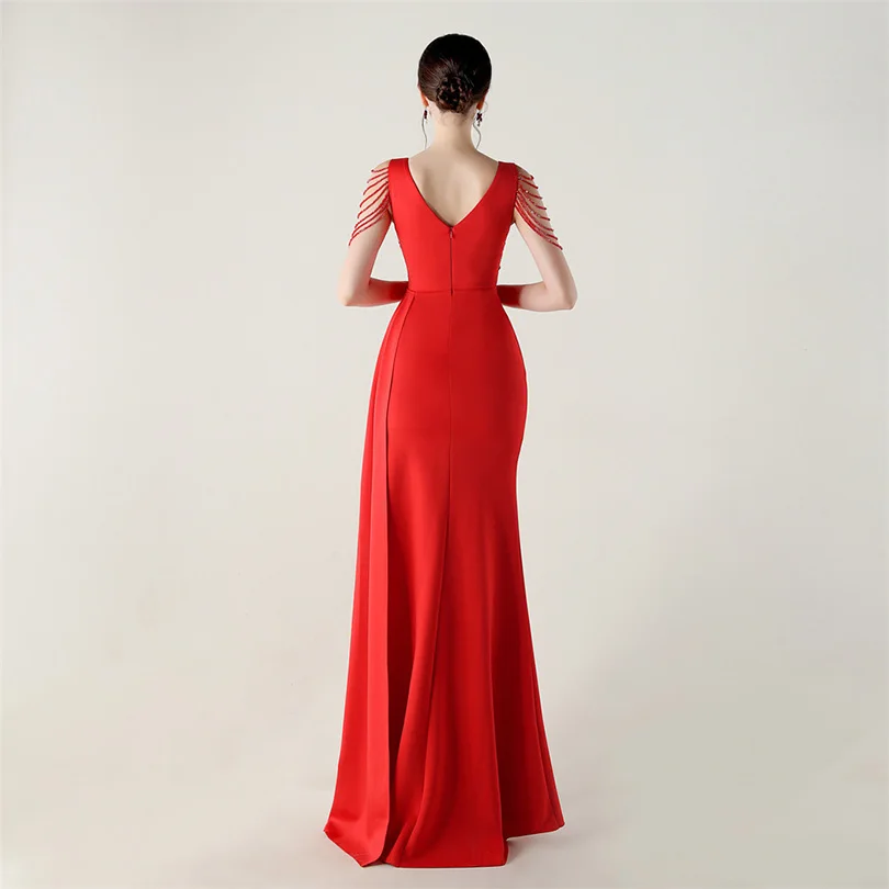 DEERVEADO, vestido de noche elegante de sirena con escote en V profundo y cuentas, 7 colores, vestido Formal para ocasiones especiales, vestidos de fiesta