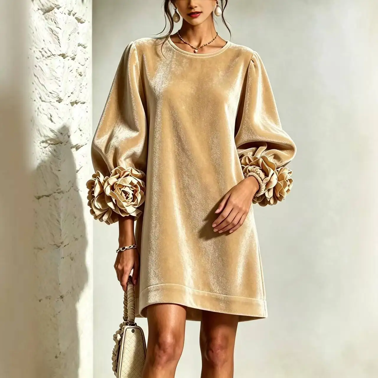 Vestido de Terciopelo Coreano para Mujer, Novedad de Otoño Invierno, Vestido de Manga Larga con Puños Florales 3D para Fiesta y Uso Diario