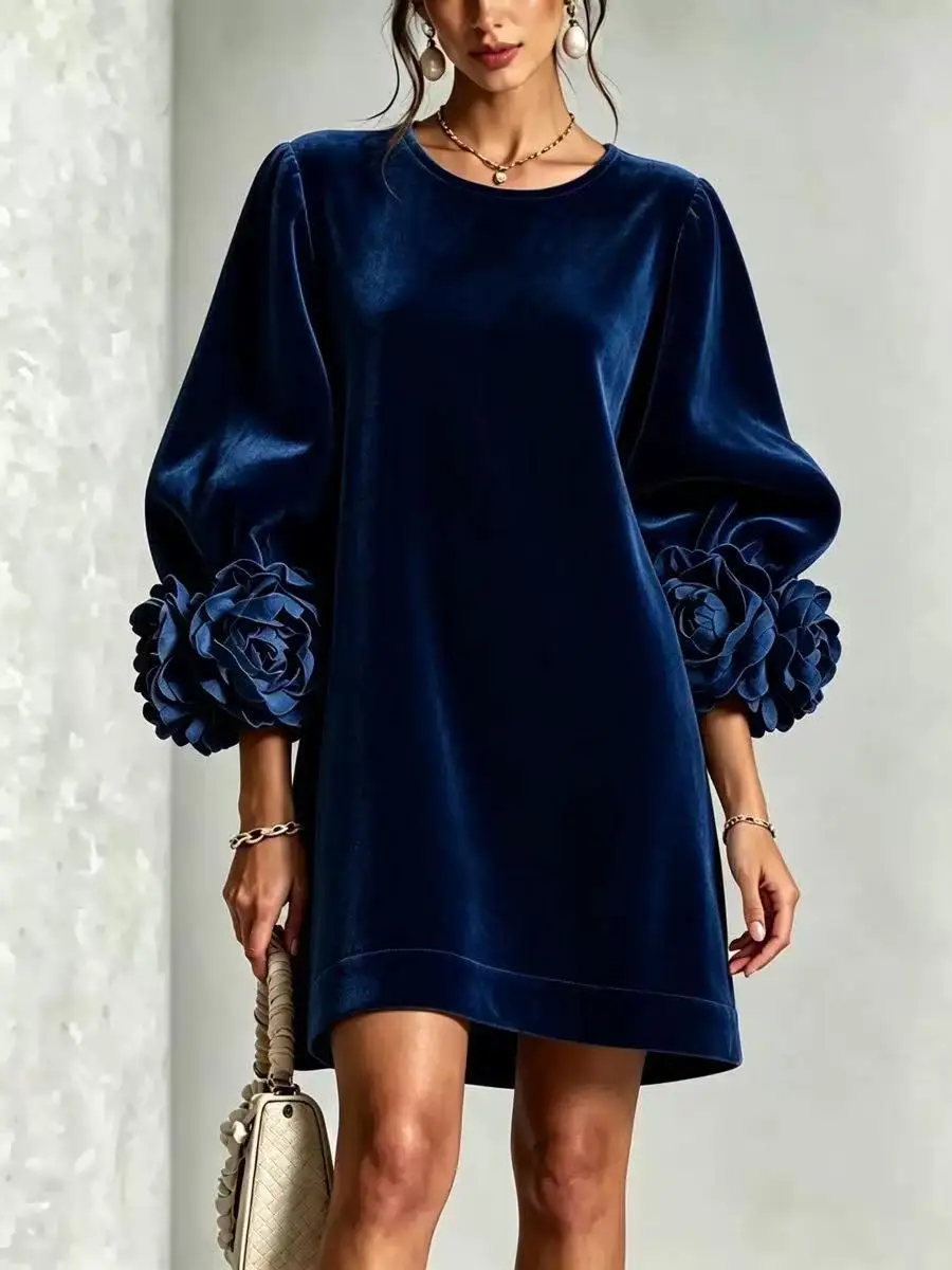 Vestido de Terciopelo Coreano para Mujer, Novedad de Otoño Invierno, Vestido de Manga Larga con Puños Florales 3D para Fiesta y Uso Diario