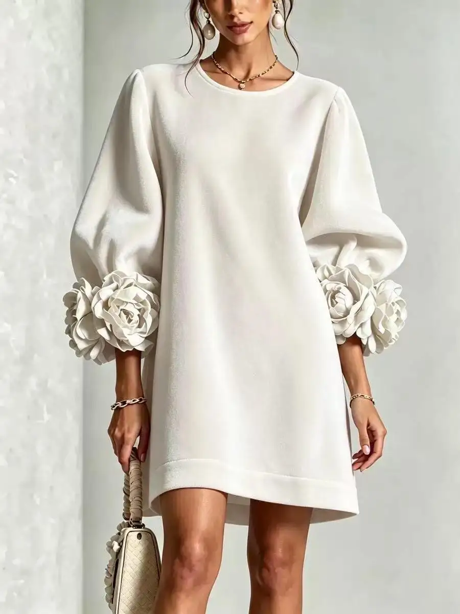 Vestido de Terciopelo Coreano para Mujer, Novedad de Otoño Invierno, Vestido de Manga Larga con Puños Florales 3D para Fiesta y Uso Diario