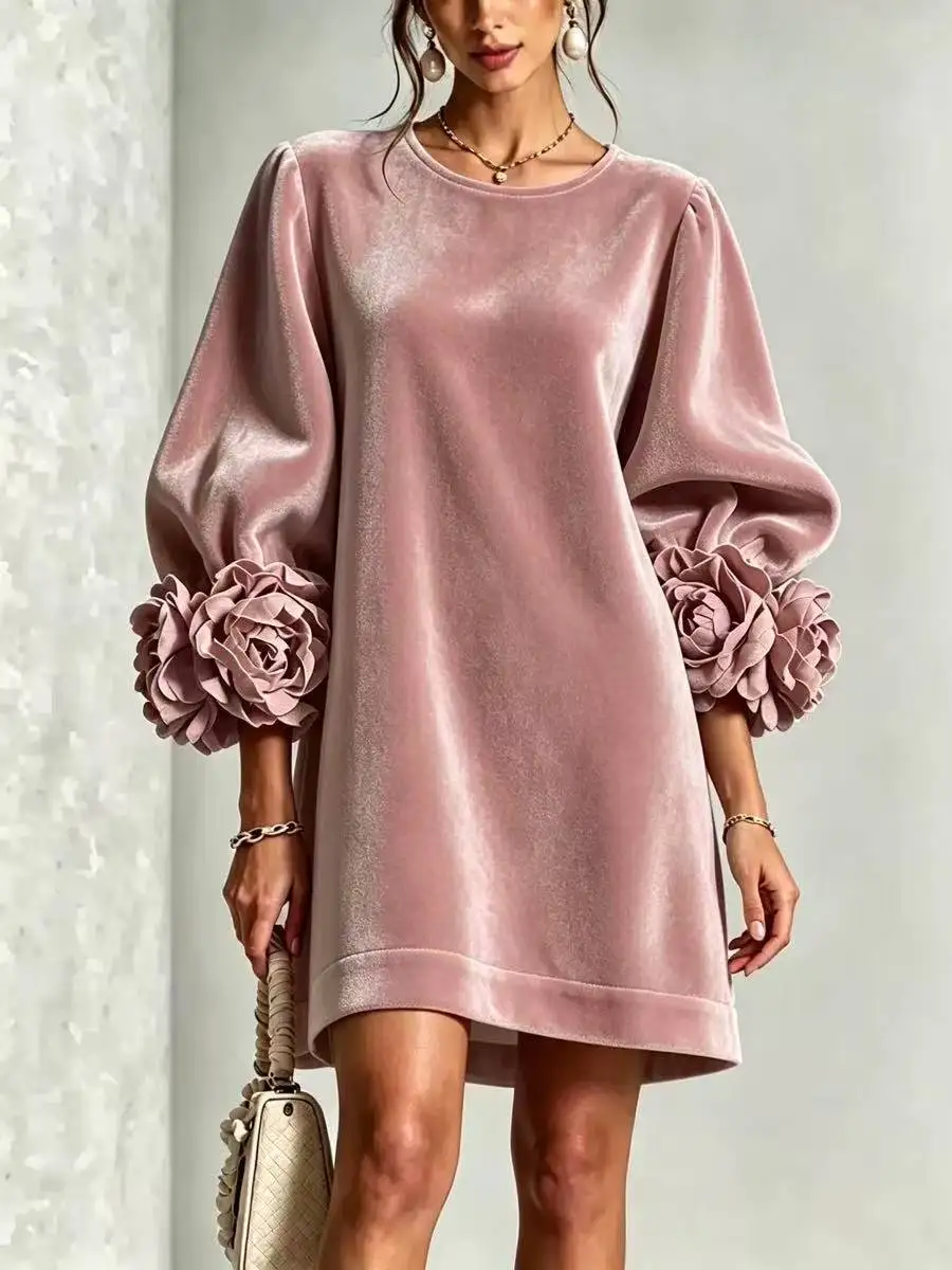 Vestido de Terciopelo Coreano para Mujer, Novedad de Otoño Invierno, Vestido de Manga Larga con Puños Florales 3D para Fiesta y Uso Diario