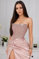 Vestidos formales de lentejuelas de sirena con vestido de fiesta de satén sin tirantes con hendidura para mujer vestidos de noche largos y brillantes - Imagen 2