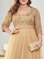 Vestidos de Noche elegantes de talla grande con cuello en V y lentejuelas empalmados, vestidos de cóctel de manga larga para fiesta de boda y graduación de lujo para mujer - Imagen 6