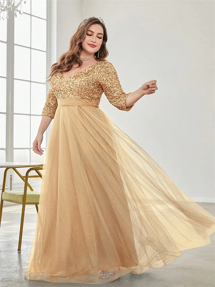 Vestidos de Noche elegantes de talla grande con cuello en V y lentejuelas empalmados, vestidos de cóctel de manga larga para fiesta de boda y graduación de lujo para mujer