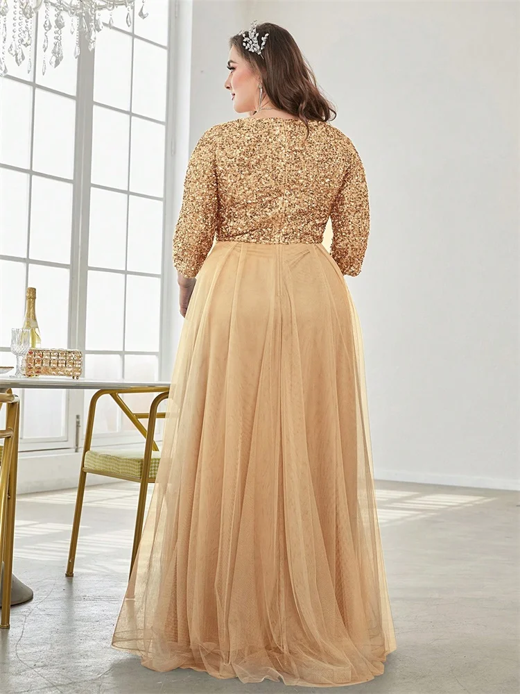 Vestidos de Noche elegantes de talla grande con cuello en V y lentejuelas empalmados, vestidos de cóctel de manga larga para fiesta de boda y graduación de lujo para mujer