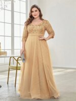 Vestidos de Noche elegantes de talla grande con cuello en V y lentejuelas empalmados, vestidos de cóctel de manga larga para fiesta de boda y graduación de lujo para mujer