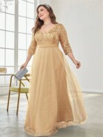 Vestidos de Noche elegantes de talla grande con cuello en V y lentejuelas empalmados, vestidos de cóctel de manga larga para fiesta de boda y graduación de lujo para mujer - Imagen 4