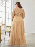 Vestidos de Noche elegantes de talla grande con cuello en V y lentejuelas empalmados, vestidos de cóctel de manga larga para fiesta de boda y graduación de lujo para mujer - Imagen 2
