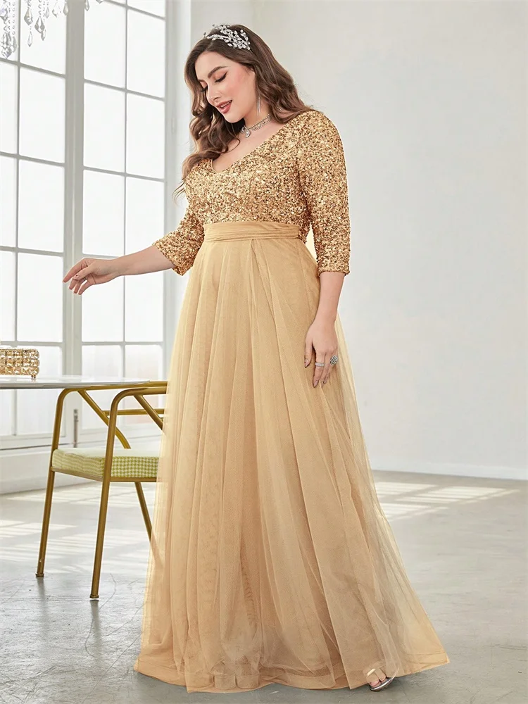 Vestidos de Noche elegantes de talla grande con cuello en V y lentejuelas empalmados, vestidos de cóctel de manga larga para fiesta de boda y graduación de lujo para mujer