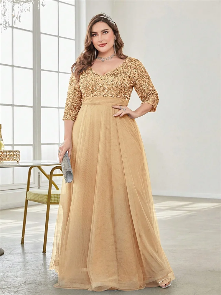 Vestidos de Noche elegantes de talla grande con cuello en V y lentejuelas empalmados, vestidos de cóctel de manga larga para fiesta de boda y graduación de lujo para mujer