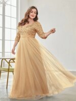 Vestidos de Noche elegantes de talla grande con cuello en V y lentejuelas empalmados, vestidos de cóctel de manga larga para fiesta de boda y graduación de lujo para mujer - Imagen 3