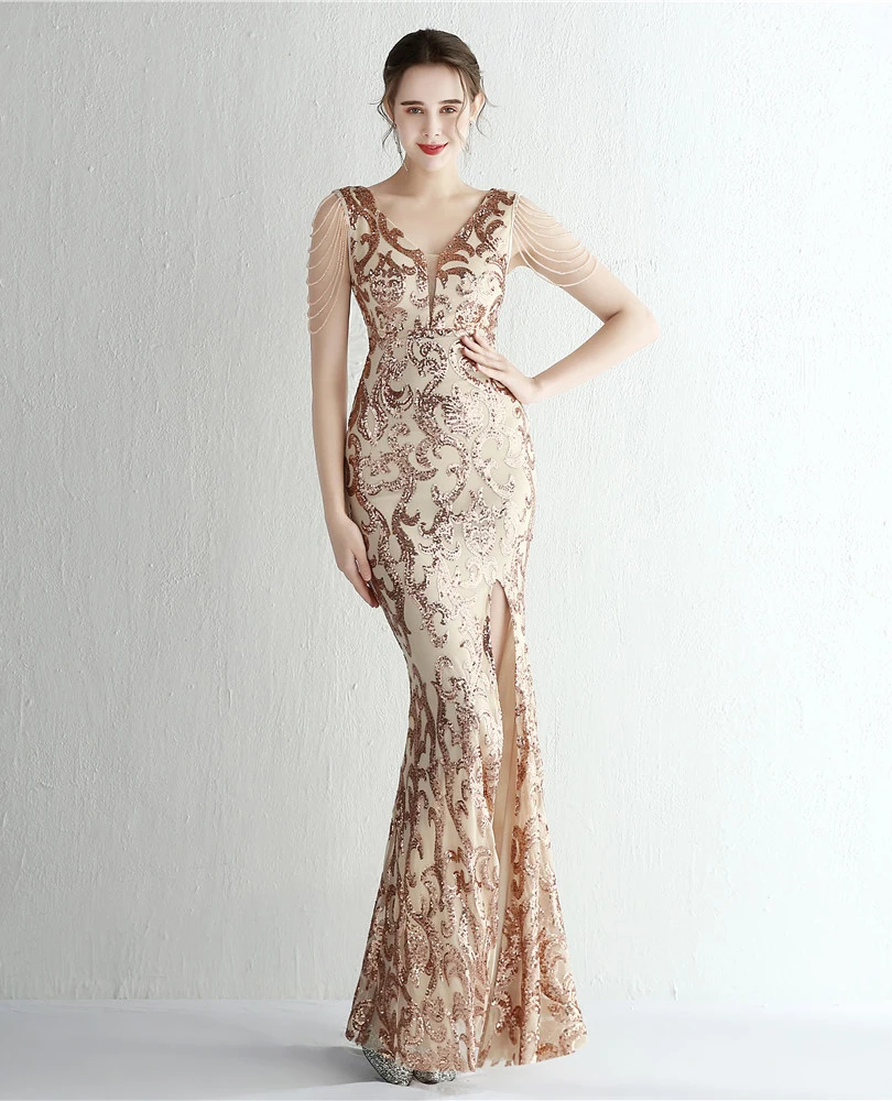 DEERVEADO-vestido de noche con lentejuelas de sirena para mujer, elegante vestido Formal elegante, cuentas de lujo, vestidos largos de fiesta de graduación