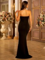Vestido largo de noche sin tirantes negro sexy con diamantes de imitación Vestido de fiesta de noche sin espalda delgado dividido para mujer - Imagen 5