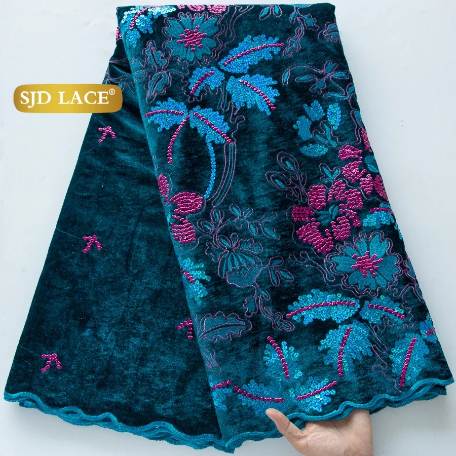Tela de encaje de terciopelo con lentejuelas nigerianas SJD LACE, encaje de lentejuelas francesas Royle Blue de alta calidad, terciopelo africano para vestidos de mujer 5048