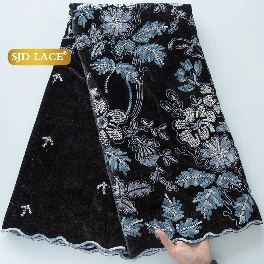 Tela de encaje de terciopelo con lentejuelas nigerianas SJD LACE, encaje de lentejuelas francesas Royle Blue de alta calidad, terciopelo africano para vestidos de mujer 5048