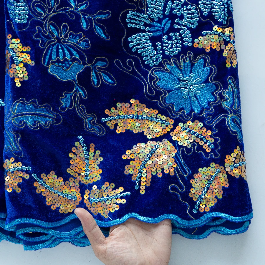 Tela de encaje de terciopelo con lentejuelas nigerianas SJD LACE, encaje de lentejuelas francesas Royle Blue de alta calidad, terciopelo africano para vestidos de mujer 5048