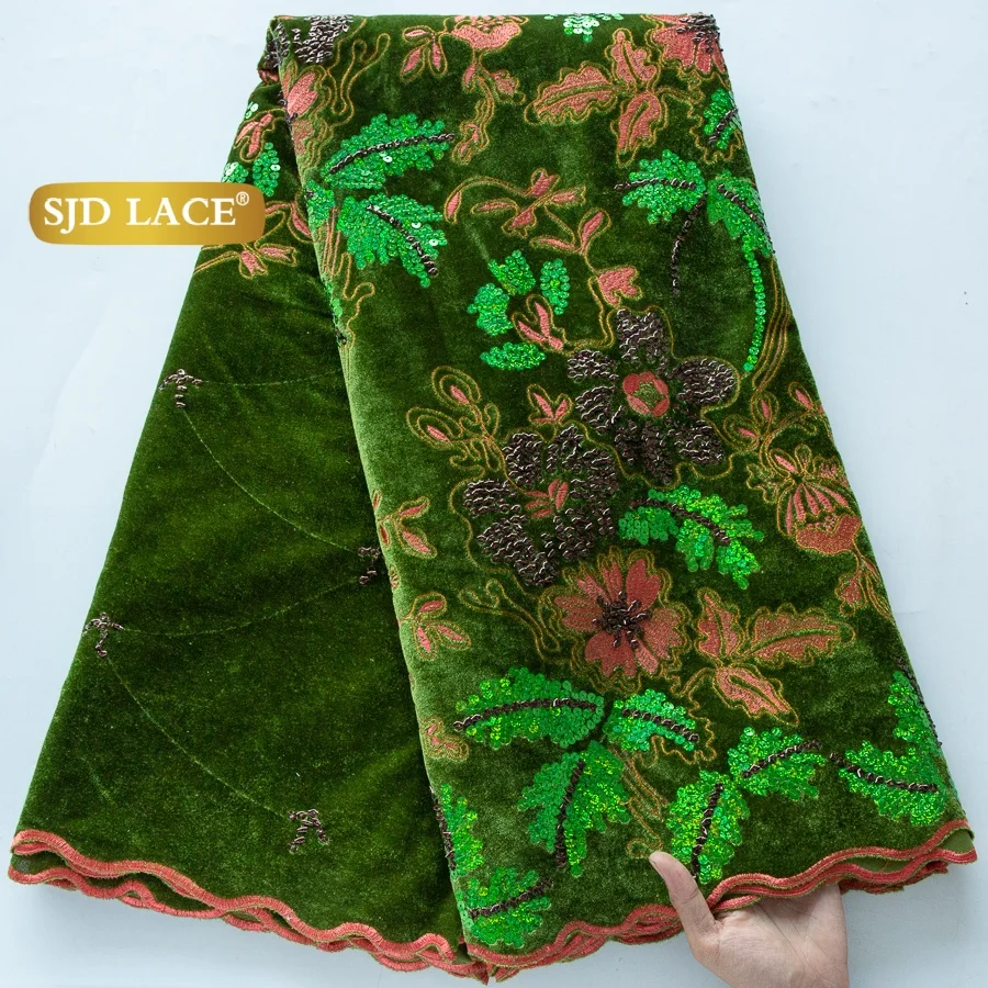 Tela de encaje de terciopelo con lentejuelas nigerianas SJD LACE, encaje de lentejuelas francesas Royle Blue de alta calidad, terciopelo africano para vestidos de mujer 5048