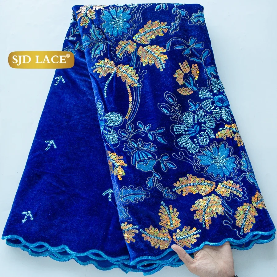 Tela de encaje de terciopelo con lentejuelas nigerianas SJD LACE, encaje de lentejuelas francesas Royle Blue de alta calidad, terciopelo africano para vestidos de mujer 5048
