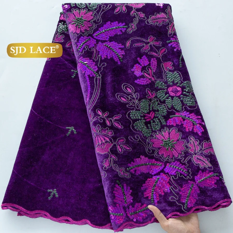 Tela de encaje de terciopelo con lentejuelas nigerianas SJD LACE, encaje de lentejuelas francesas Royle Blue de alta calidad, terciopelo africano para vestidos de mujer 5048