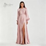 Vestidos de noche formales de satén plisado con cuello redondo, manga larga, abertura y corte en A, color rosa, personalizados, hasta el suelo, para fiesta de graduación