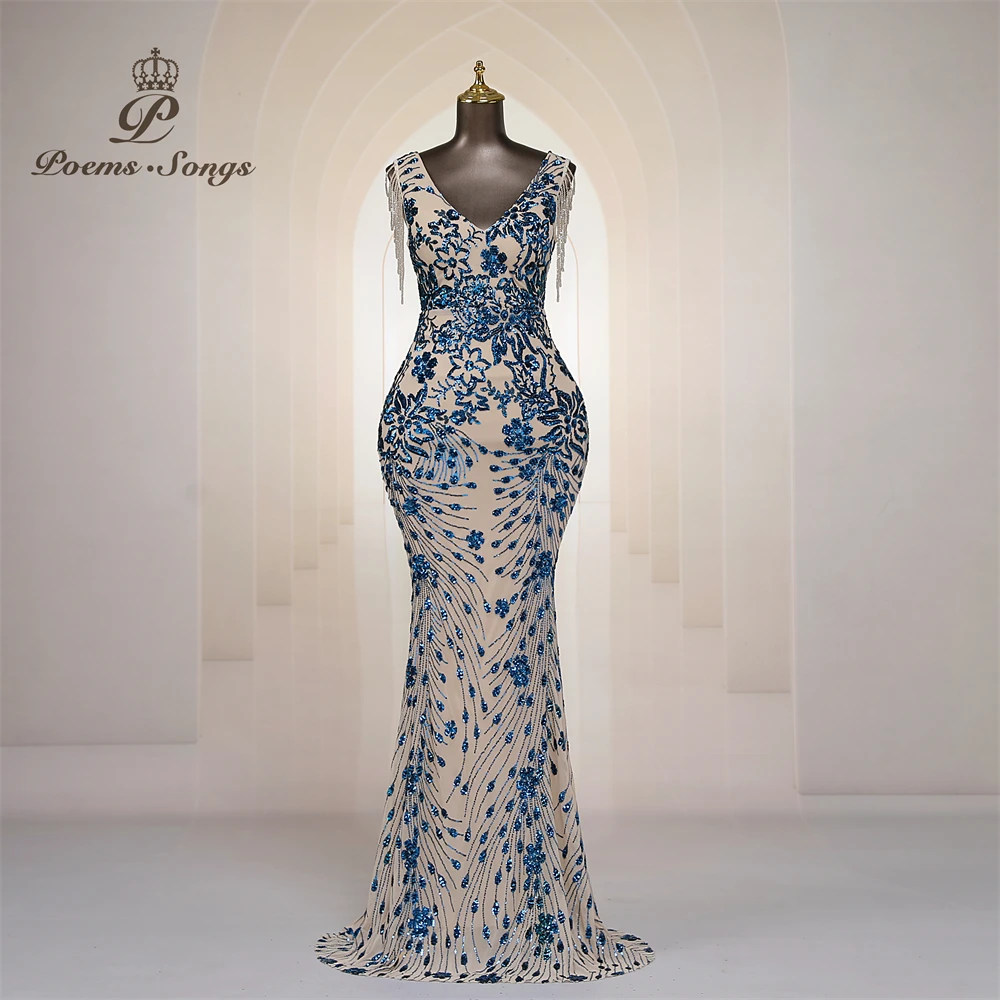 Vestidos de Noche Elegantes Personalizados con Mangas de Cuentas, Vestidos de Sirena para Mujer, Vestidos de Graduación, Vestido Largo, Vestido de Fiesta Formal, Vestidos de Noche
