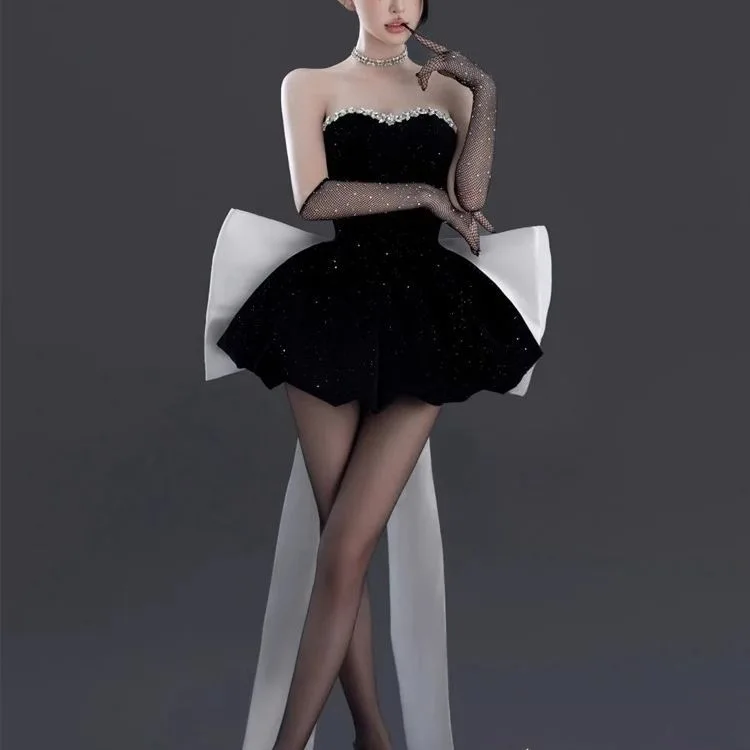 Elegante Vestido Negro de Fiesta de Cumpleaños para Adultos, Vestido de Princesa de Alta Gama, Sexy, sin Tirantes, Falda Cort...