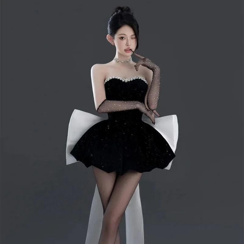 Elegante Vestido Negro de Fiesta de Cumpleaños para Adultos, Vestido de Princesa de Alta Gama, Sexy, sin Tirantes, Falda Cort...