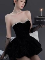 Elegante Vestido Negro de Fiesta de Cumpleaños para Adultos, Vestido de Princesa de Alta Gama, Sexy, sin Tirantes, Falda Cort... - Imagen 3