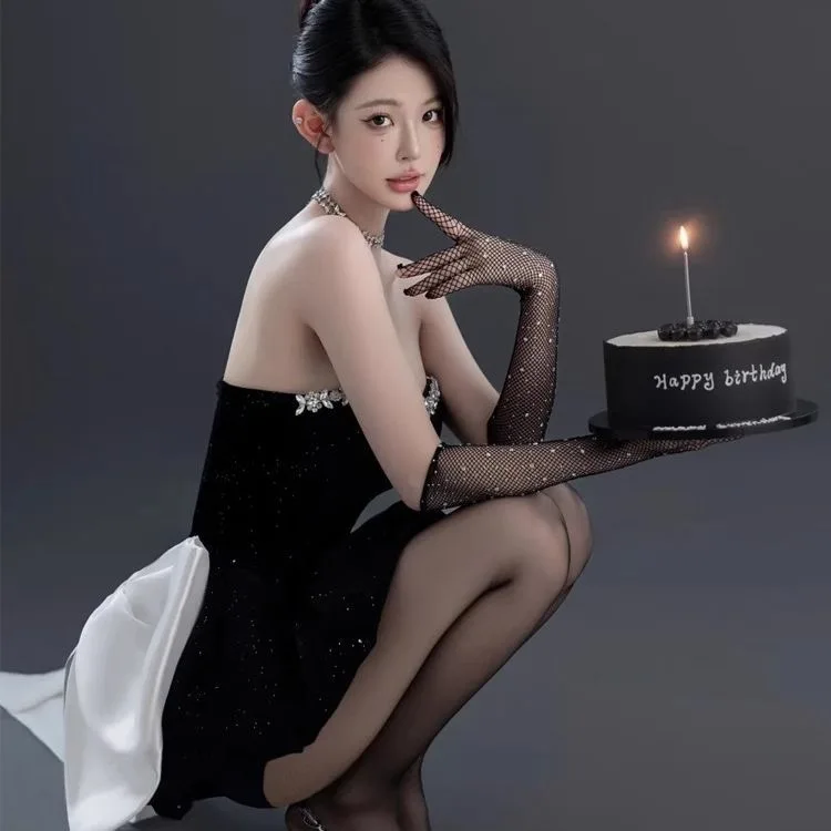 Elegante Vestido Negro de Fiesta de Cumpleaños para Adultos, Vestido de Princesa de Alta Gama, Sexy, sin Tirantes, Falda Cort...
