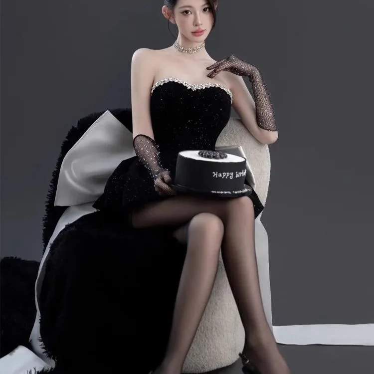 Elegante Vestido Negro de Fiesta de Cumpleaños para Adultos, Vestido de Princesa de Alta Gama, Sexy, sin Tirantes, Falda Cort...