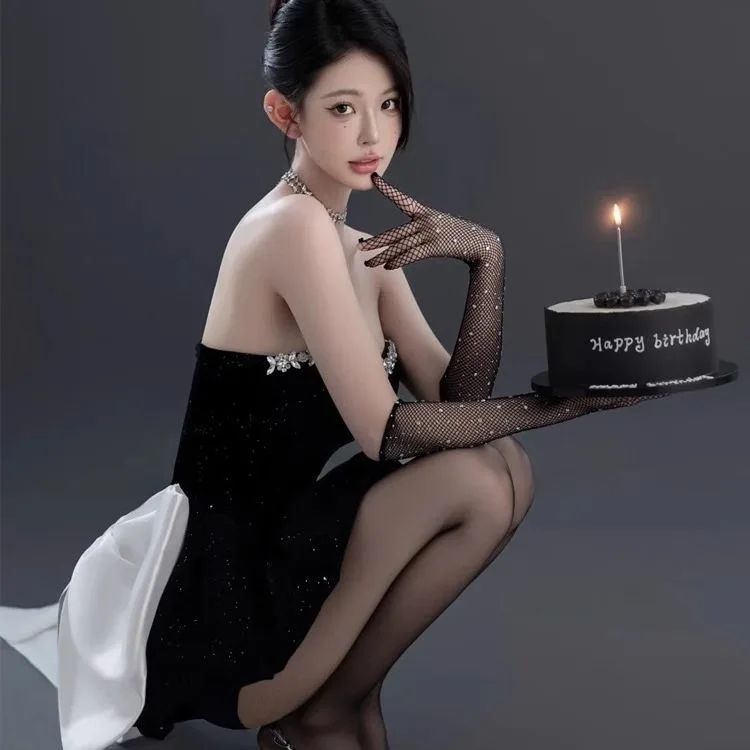 Elegante Vestido Negro de Fiesta de Cumpleaños para Adultos, Vestido de Princesa de Alta Gama, Sexy, sin Tirantes, Falda Cort...