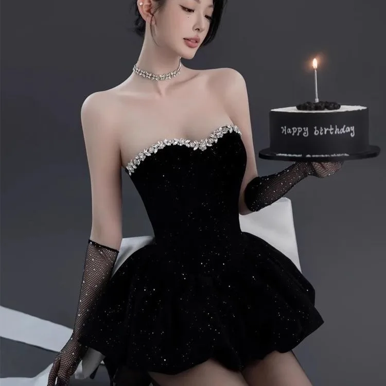 Elegante Vestido Negro de Fiesta de Cumpleaños para Adultos, Vestido de Princesa de Alta Gama, Sexy, sin Tirantes, Falda Cort...