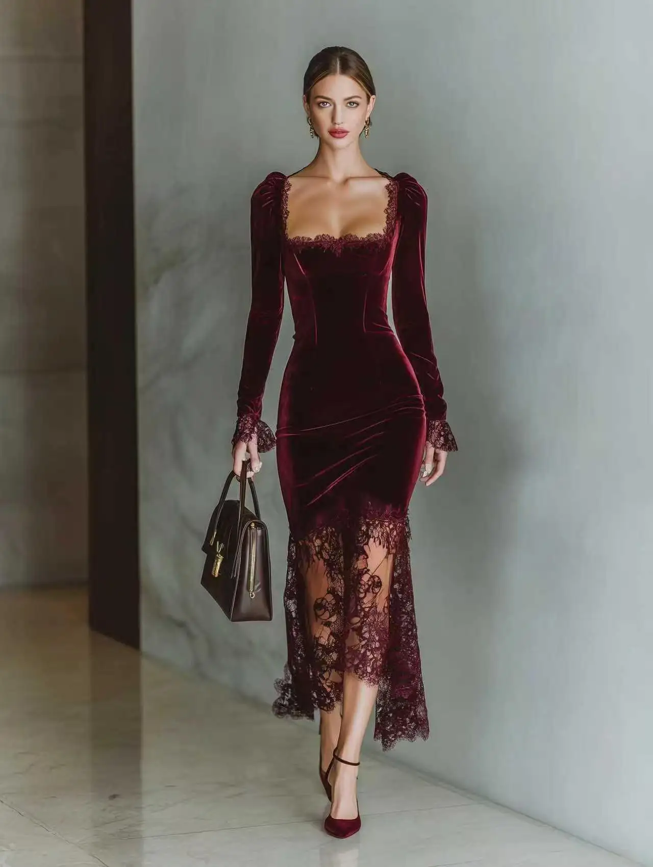 Vestido con encaje y de manga larga