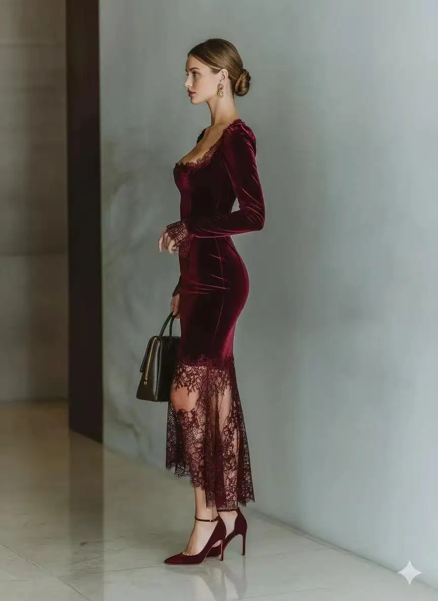Vestido con encaje y de manga larga