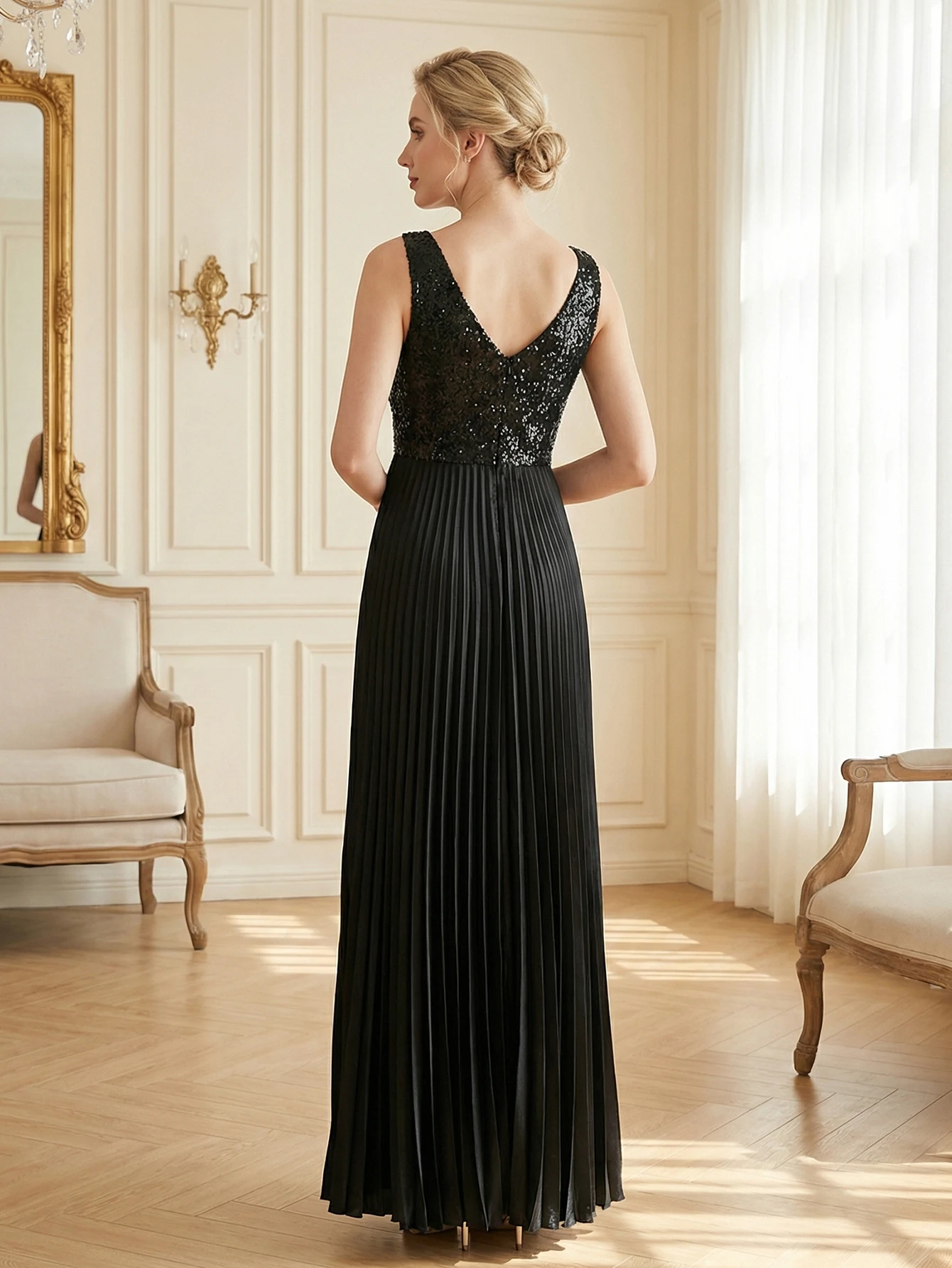 Vestidos de Noche Negros de Lentejuelas con Escote Profundo en V, Elegantes y Sensuales para Mujer, Vestido Largo de Cóctel para Fiesta de Graduación o Boda