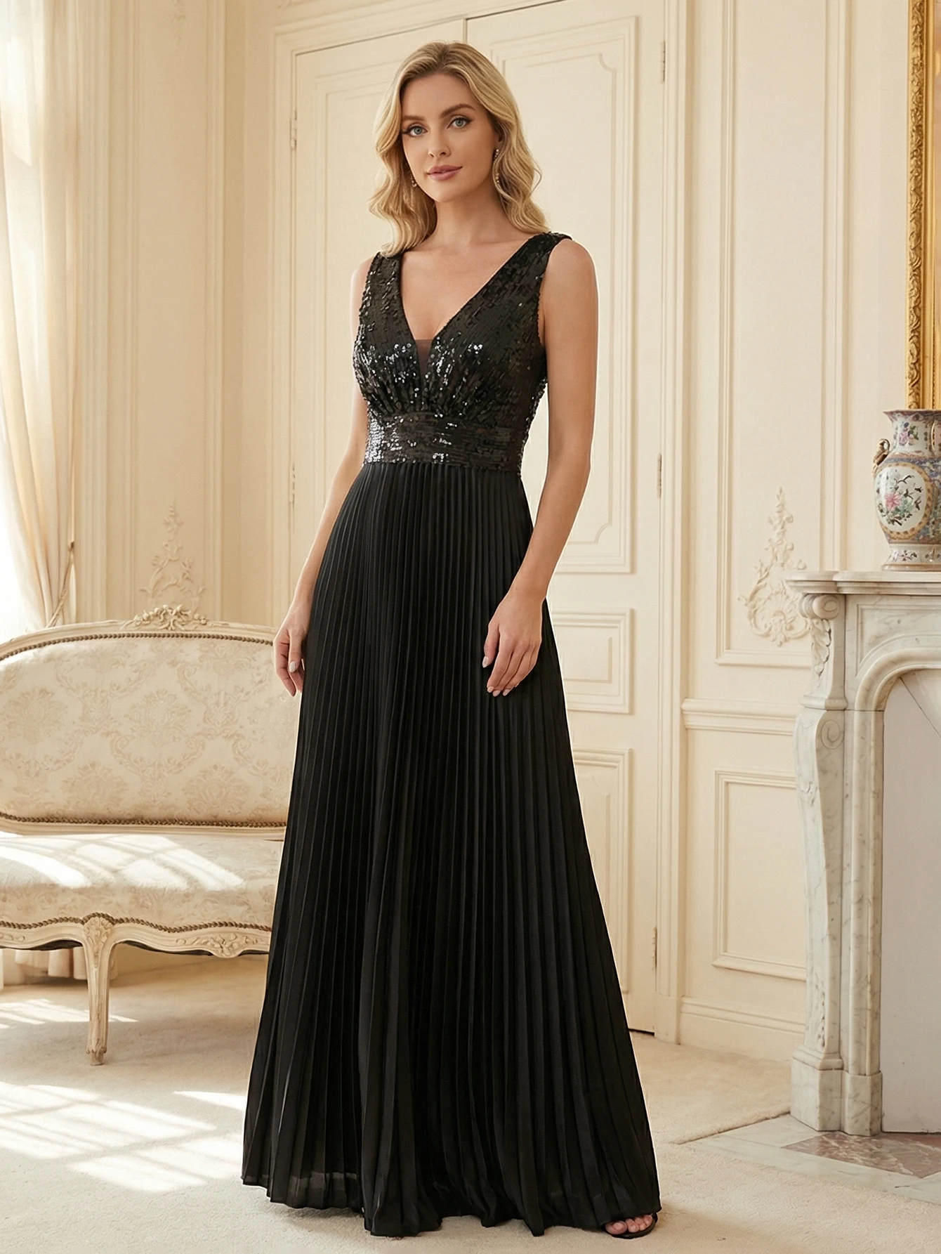 Vestidos de Noche Negros de Lentejuelas con Escote Profundo en V, Elegantes y Sensuales para Mujer, Vestido Largo de Cóctel para Fiesta de Graduación o Boda