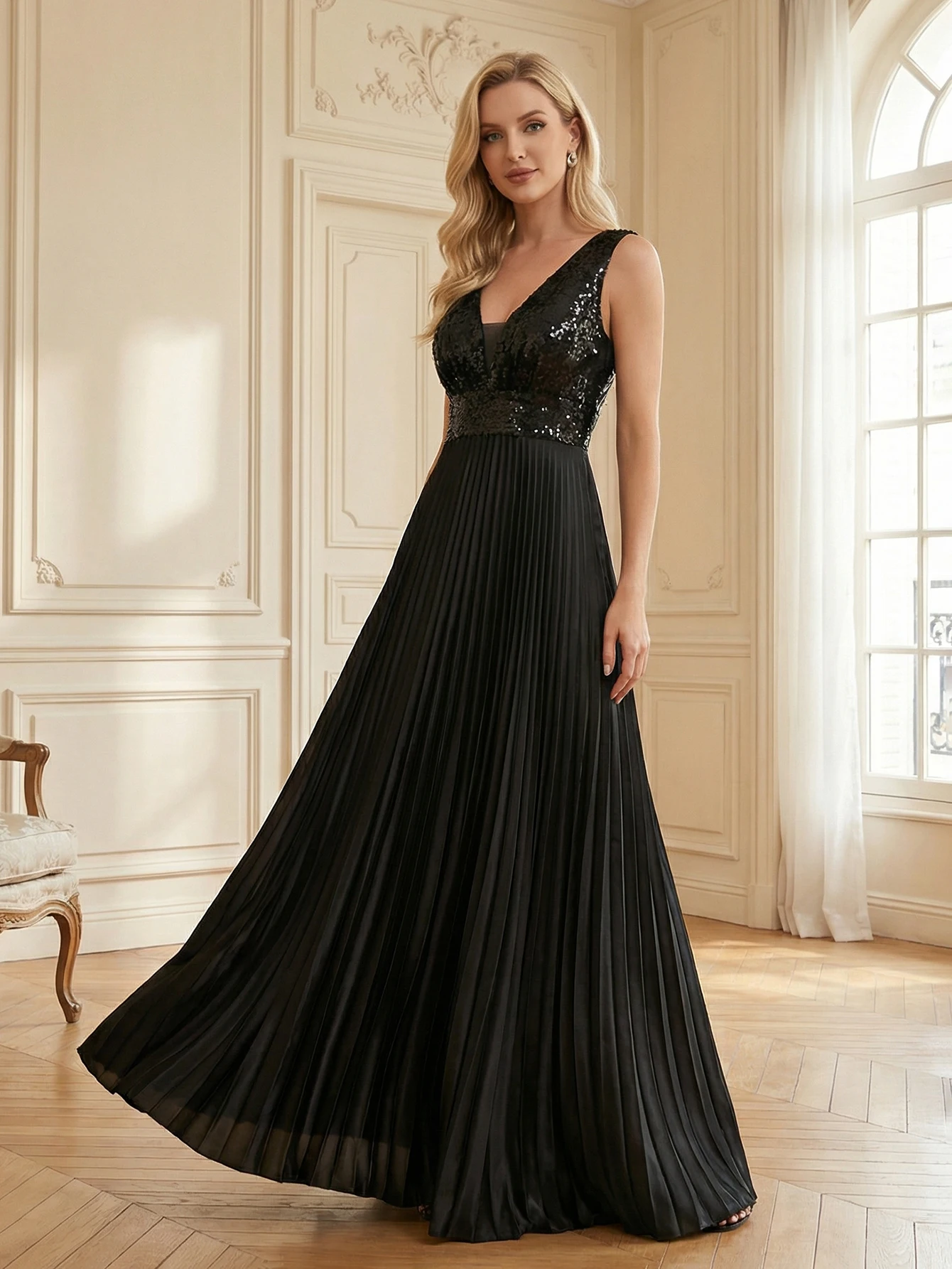 Vestidos de Noche Negros de Lentejuelas con Escote Profundo en V, Elegantes y Sensuales para Mujer, Vestido Largo de Cóctel para Fiesta de Graduación o Boda